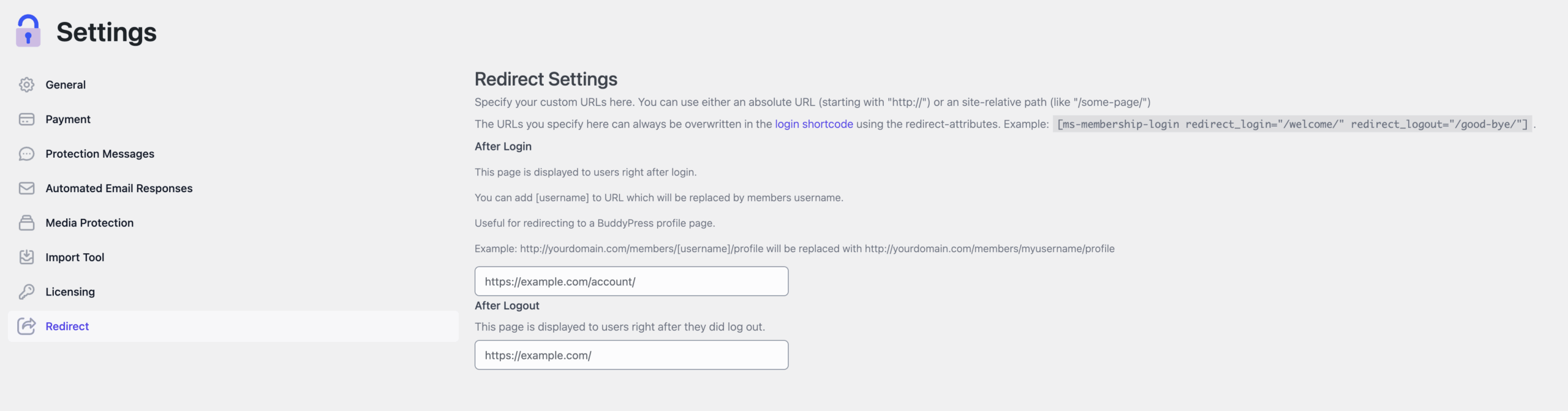 Redirect settings menu
