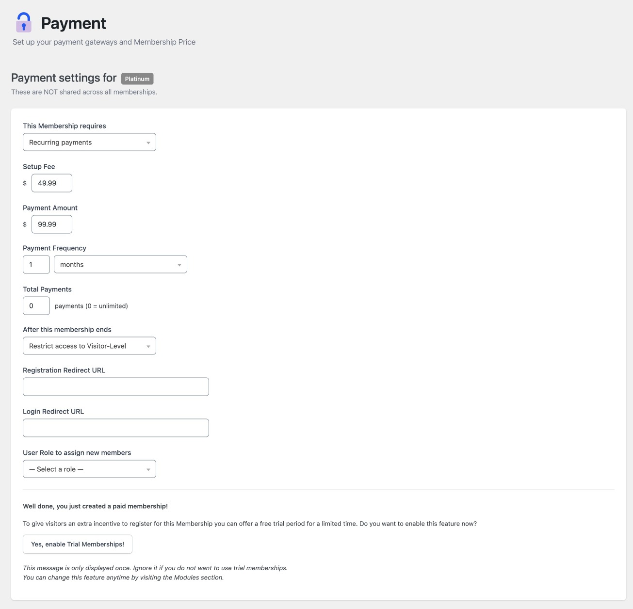 Payment settings for recurring