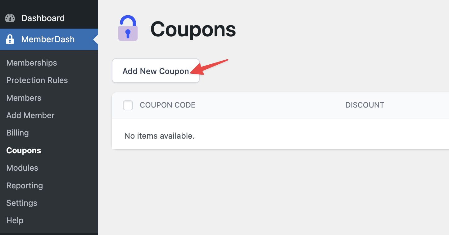 MemberDash Coupons new coupons creation screen.